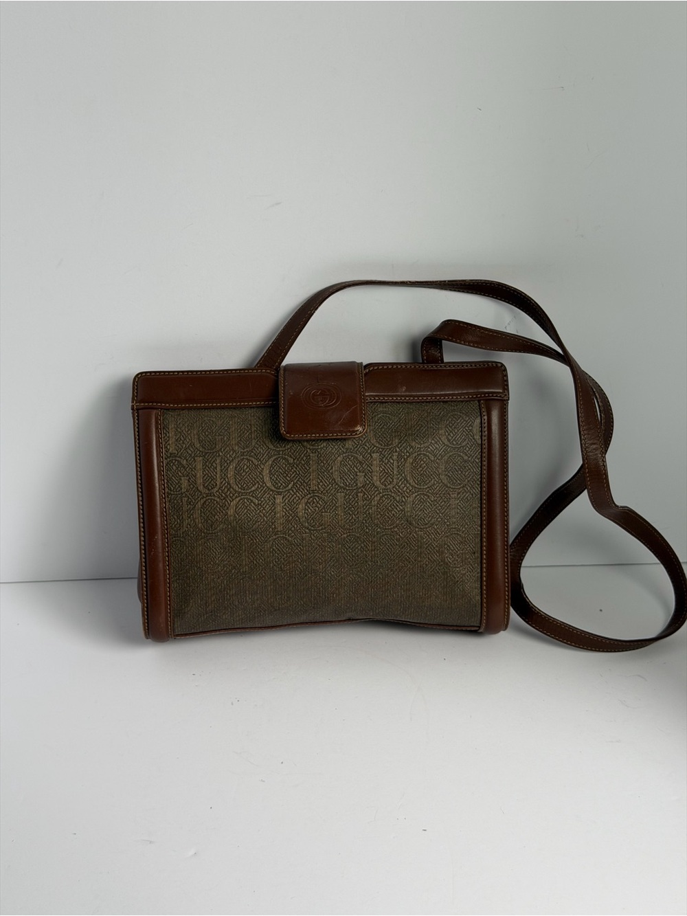 Vintage Gucci Brown Silk Jacquard Canvas Monogram Crossbody Bag